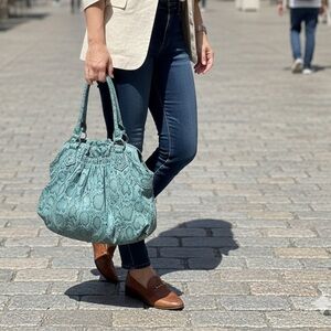 Charming Charlie Turquoise Snakeskin Embossed Slouchy Shoulder Bag Handbag Tote